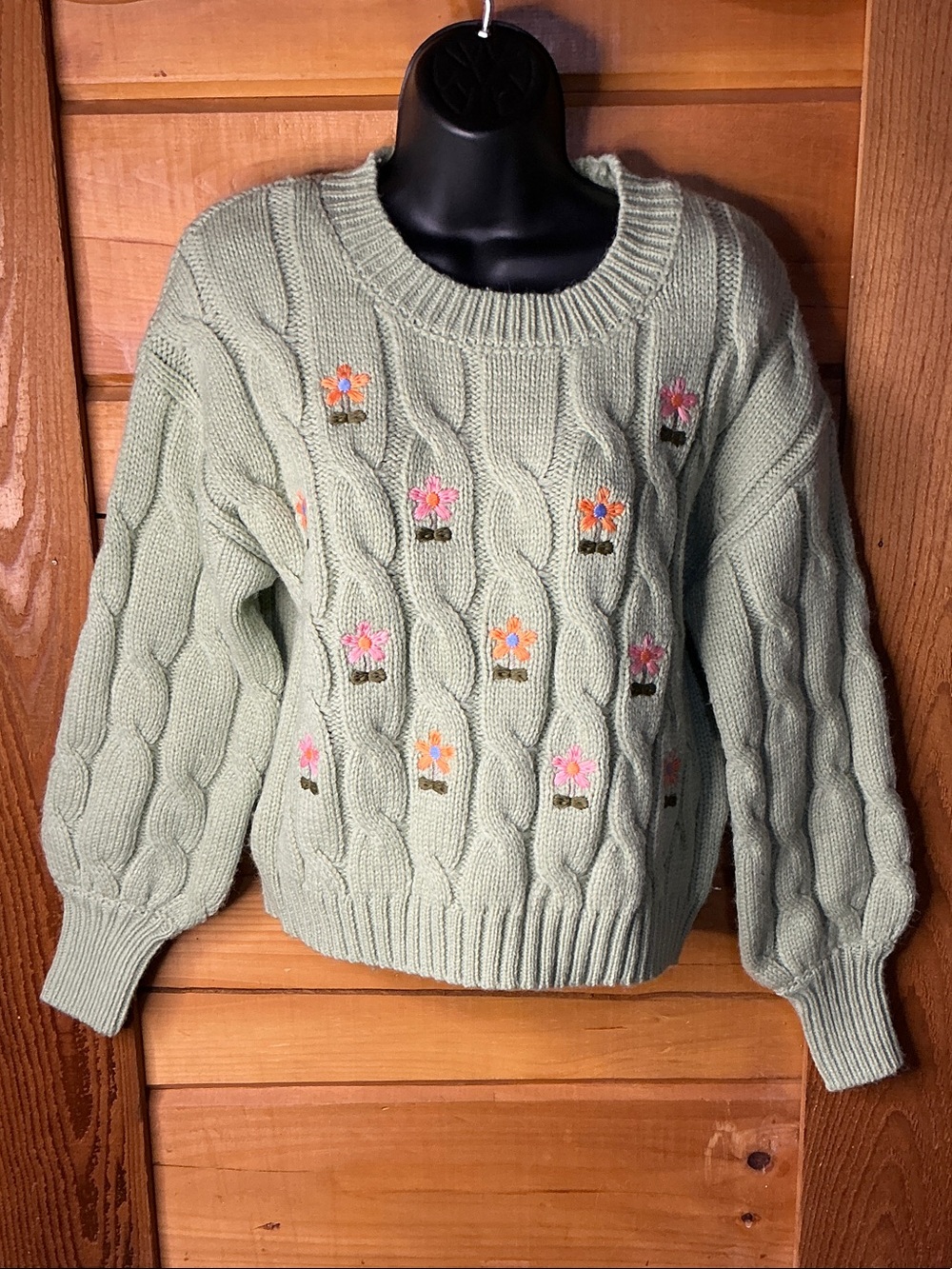 Light Sage Cable-Knit Crewneck Sweater with Floral Embroidery Size XS